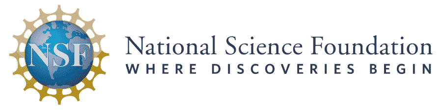 National Science Foundation (Where Discoveries Begin) Logo, Blue Earth with Golden People Holding Hands around it.